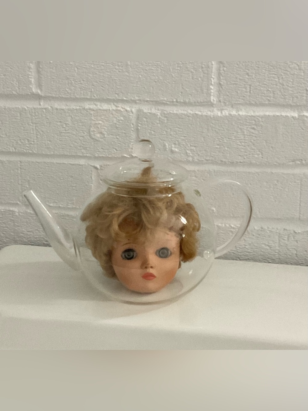 Handmade Creepy Old Doll Head In Glass Teapot Halloween Decoration Sleep Eyes